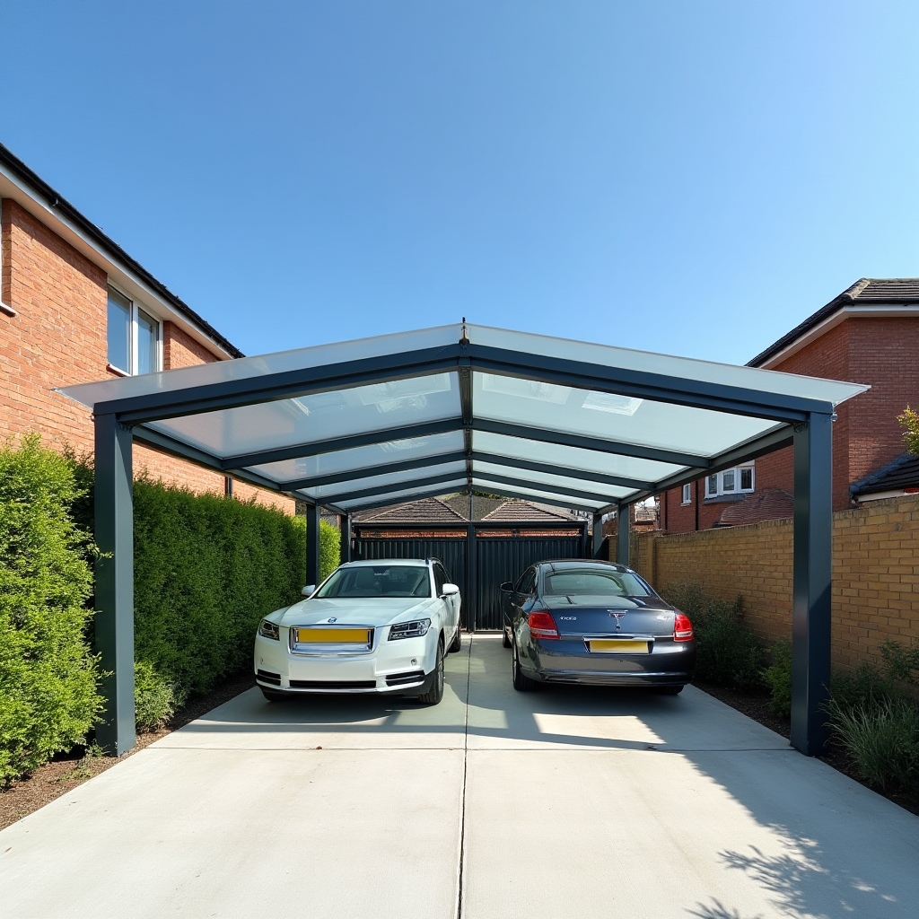 Металлический навес для автомобилей, установленный во дворе частного дома