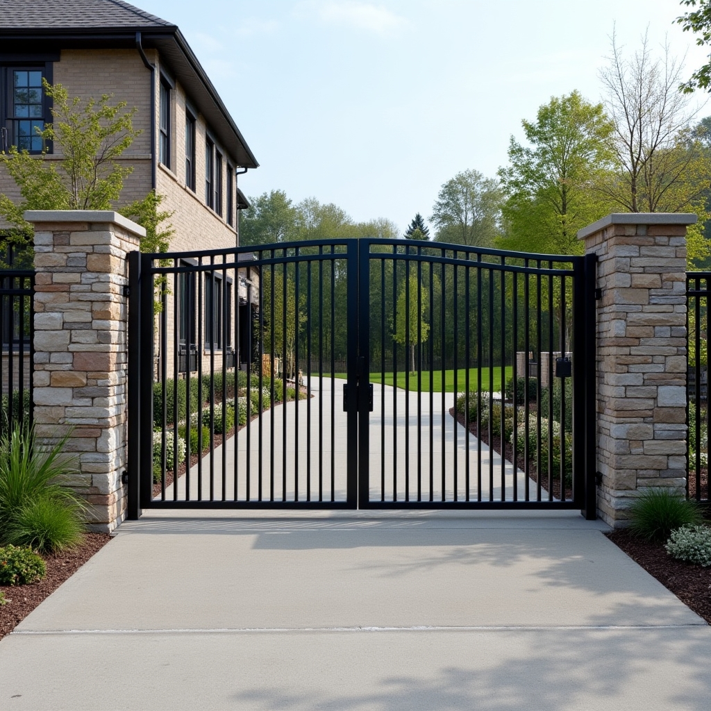 Металлические ворота и забор с декоративными элементами