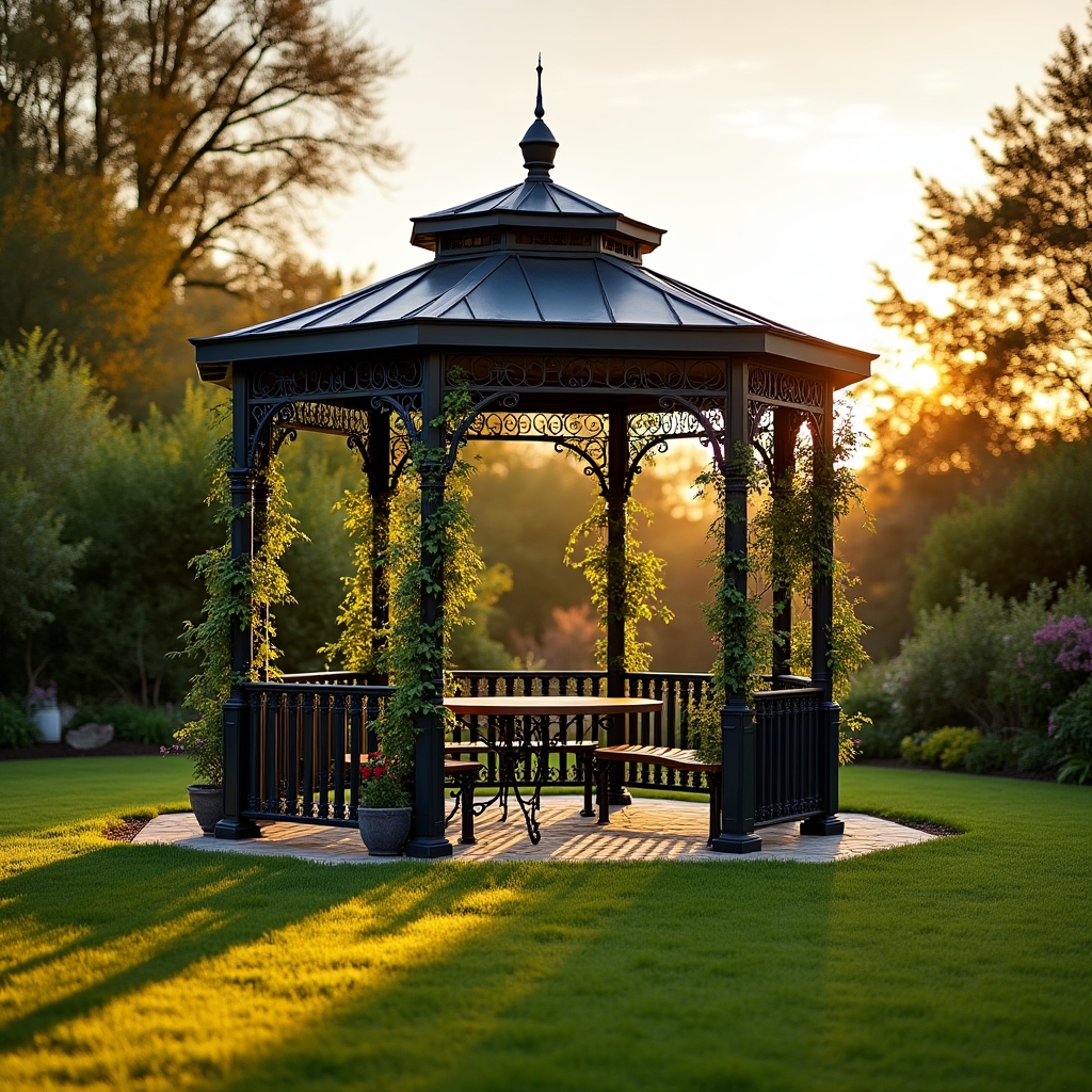 Металлическая беседка в саду с декоративными элементами