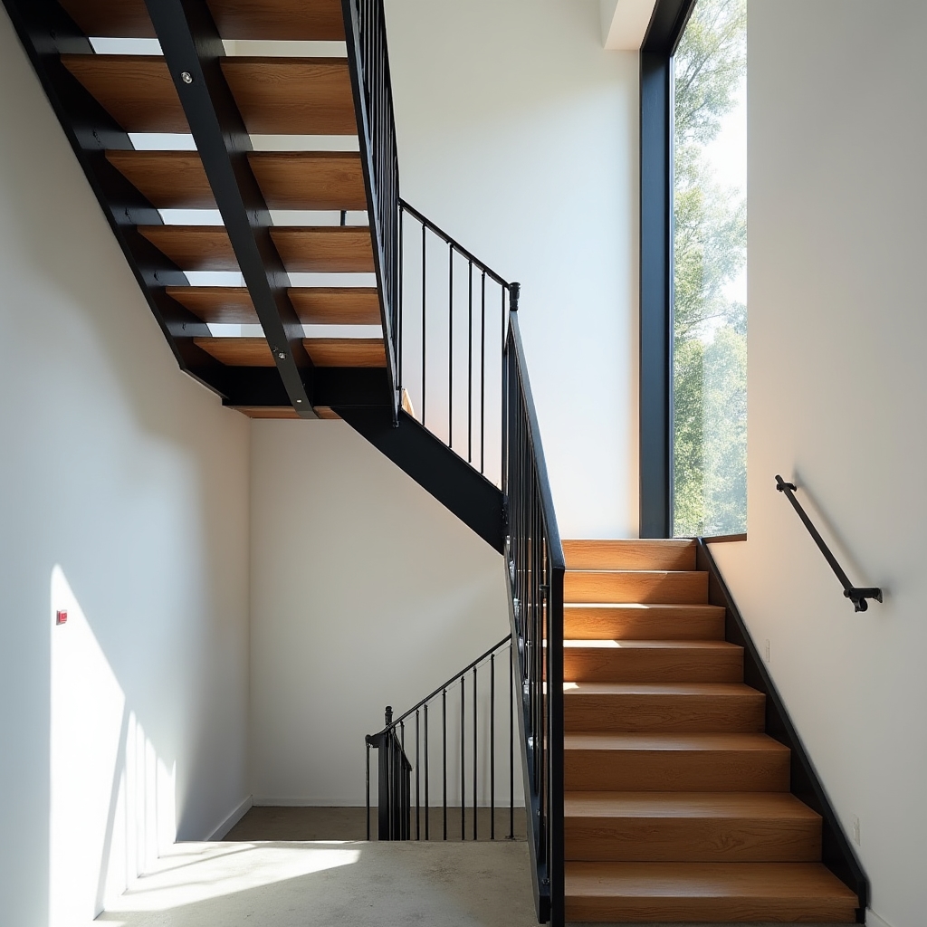 Металлическая лестница с деревянными ступенями в интерьере